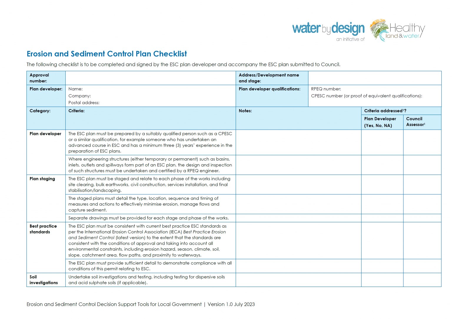 Erosion and Sediment Control Plan Checklist (Version 1.0 July 2023